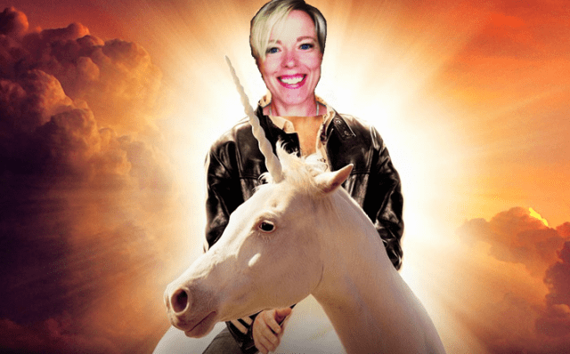 Kristene Perron rides a unicorn